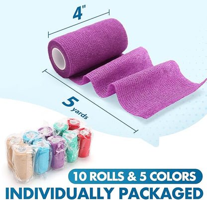 LotFancy Vet Wrap, 4 Inch x 5 Yards, 10 Pack Self Adhesive Bandage Wrap, Non-Woven Cohesive Bandage, First Aid Tape for Horses Dogs Cats Elbow Ankle, Assorted Color
