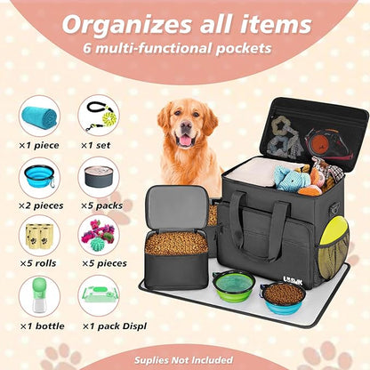 Dog Travel Bag, Large Pet Travel Set with Multi-Function Pockets, 2 Food Storage Containers, 2 Collapsible Bowls, 1 Feeding Mat for Pet Supplies, Road Trip Essentials, Weekend Camping (Black)