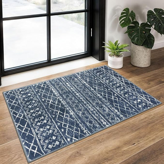 KUTA Moroccan Rugs for Entryway, 2x3 Navy Blue Entrance Small Area Rug, Non-Slip Washable Ultra Soft Vintage Geometric Low-Pile Indoor Door Mat Floor Carpet for Kitchen