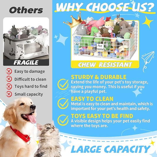 Indestructible Dog Toy basket, Large Toy Box for Dogs,Pet Toy Bin Dog Metal Basket for Toys, Toy Storage Organizer, Toy Box for Living Room Area (White)