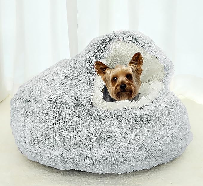 Dog Cave Bed for Small Dogs Cats Pets, Anti Anxiety Calming Plush Dog Beds, Fluffy Covered Hooded Cozy Burrow Puppy Beds, Anti-Slip Bottom Washable Pet Sleeping Bag (20" D, Grey)