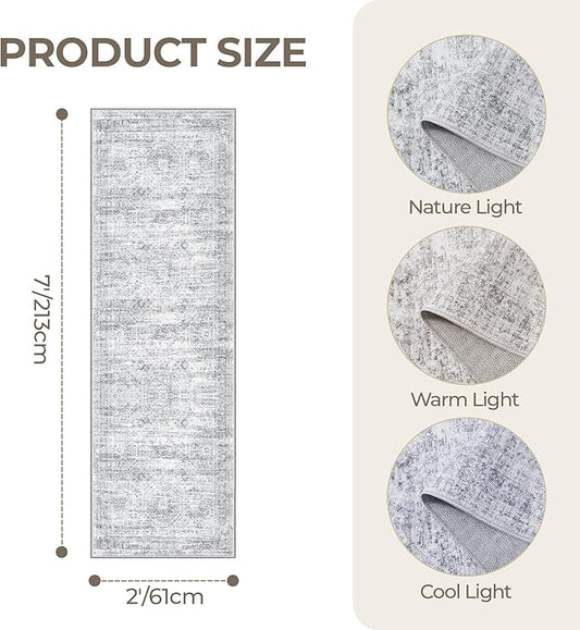2x7 Runner Rug Non Slip, Thin Entryway Washable Rug for Entryway, Runners for Hallways, Low Pile Vintage Abstract Soft Rugs for Living Room, Kitchen, Bedroom(2'x7', Grey/Ivory)