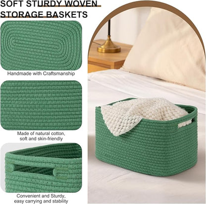 Storage Baskets for Organizing, Woven Decorative Baskets for Shelves - Books, Towels, and Clothes, Cotton Rope Toy Storage Bins, 12.7''Lx9''Wx7.8''H, Pack of 4, Green