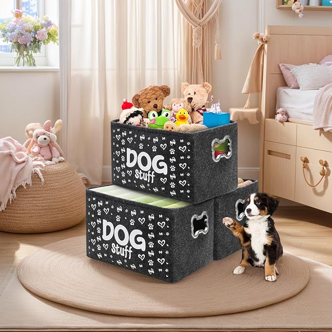 3 Pack Dog Toy Bin Basket, Large Pet Puppy Storage Bin Box with Handles, Collapsible Felt Storage Bin Basket for Dog Toys, Blankets, Pet Supplies Storage, Dog Room Decor