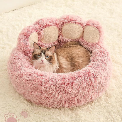 Jiupety Paw Shape Calming Pet Bed, Plush Faux Fur Donut Bed for Dogs & Cats, Machine Washable, Non-Slip Bottom, Medium (22"×22"×6"), Pink