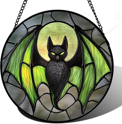 Stained Glass Window Hanging - Halloween Black Bat Green Wings Monster Suncatcher for Doors Garden Home Spooky Sun Catchers Gothic Decor Horror Gift for Women Men Friend Boy Girl 15 in