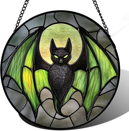Stained Glass Window Hanging - Halloween Black Bat Green Wings Monster Suncatcher for Doors Garden Home Spooky Sun Catchers Gothic Decor Horror Gift for Women Men Friend Boy Girl 15 in