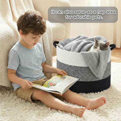 100L Large Cotton Rope Basket, Decorative Woven Blanket Storage for Living Room, Boho Toy Storage & Toy Box for Kids, Versatile Laundry Basket & Nursery Hamper for Blankets(Black)