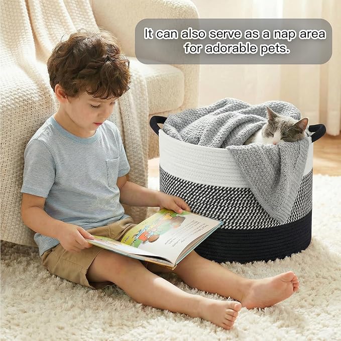 70L Large Cotton Rope Basket, Decorative Woven Blanket Storage for Living Room, Boho Toy Storage & Toy Box for Kids, Versatile Laundry Basket & Nursery Hamper for Blankets(Black)
