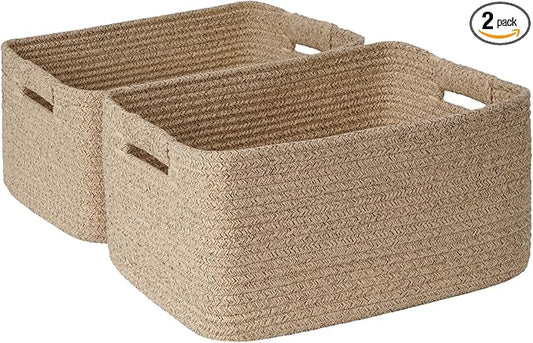 2 Pack Large Storage Basket for Organizing, 17.5"x13"x7" Woven Basket for Shelves, Closet Cube Storage Bins with Wrapped Handle, Cotton Rope Baskets for Kitchen, Clothes, Toys (Natural))