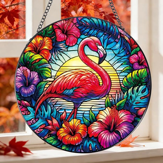 Stained Glass Window Hanging, 7.8″ Flamingo Sun Catchers with Hook Indoor Window Summer Decor, Decorative Suncatchers Hanging Ornaments Home Garden Art Gift for Housewarming
