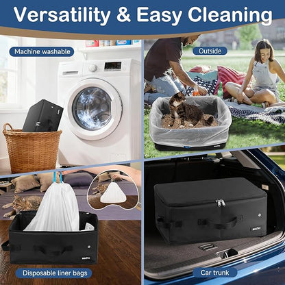 Portable Cat Travel Litter Box with Lid and 10 Pcs Disposable Liner Bags, Leak-Proof & Collapsible, Easy Clean Odor-Control Cat Travel Essentials for Car, Hotel, Airplane, Camping,Trips Black