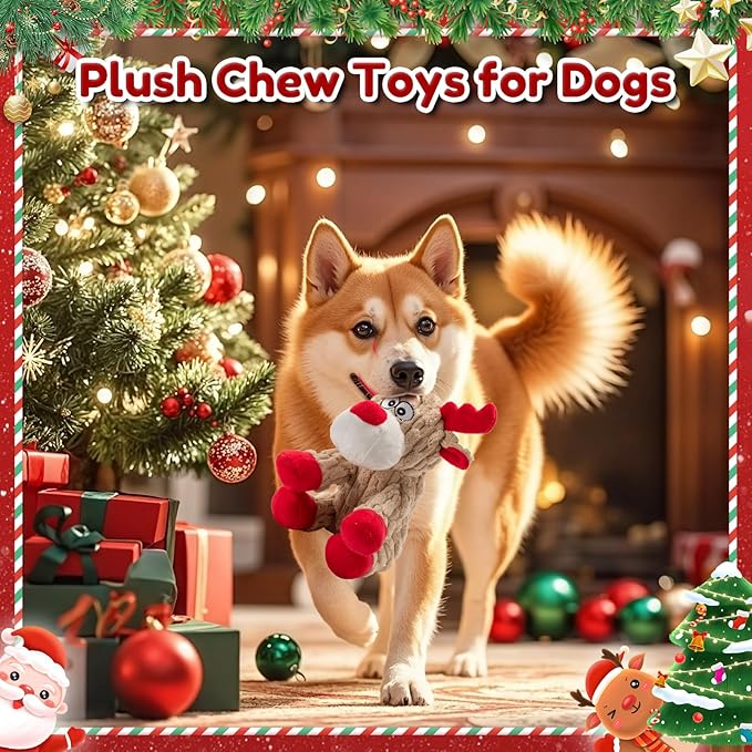 Dog Christmas Toys, Plush Chew Toys for Dogs, Funny Reindeer Squeaky Dog Toy with Crinkle Paper, Gifts for Dogs, Plsuh Dog Toy for Small, Middle, Large Breed, Interactive Pet Toys