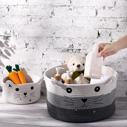 Zopeal Cat Basket Storage Woven Organizer with Ears Easter Decorative Pet Toy Cute Cotton Rope Basket for Gift Cat Dog Toy Bin Nursery Room(13.7 x 7.8 Inch,White, Light Gray, Dark Gray)