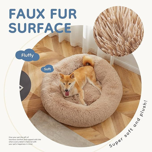 DUMOS 37.4x37.4 Inch Calming Donut Dog Beds for Large Dogs, Machine Washable Cuddler Warming Cozy Fluffy Faux Fur Plush Round Pet Bed, Anti-Slip Bed for Indoor Dogs and Cats, Brown