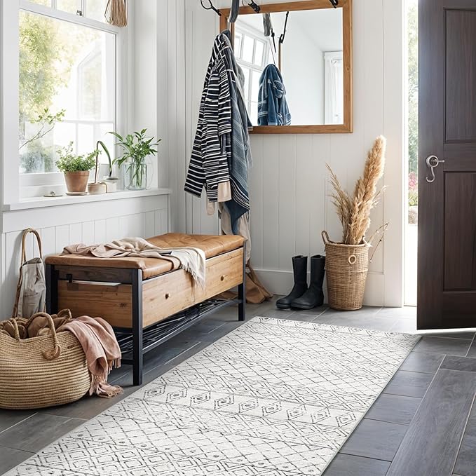 BVVYOO Hallway Runner Rugs Moroccan 2'x6': Non Slip Runner Rug with Rubber Backed Floor Mats Soft Low Pile Living Room Carpet for Bedroom Front Door 2'x6' Geo Grey