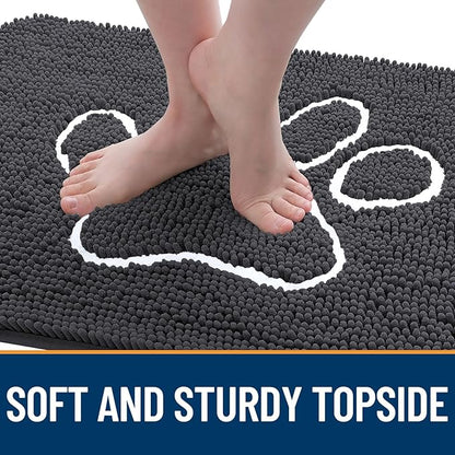 OLANLY Dog Door Mat for Muddy Paws 47x17, Paw Print Design, Absorbs Moisture and Dirt, Absorbent Non-Slip Washable Doormat, Quick Dry Chenille Mud Mat for Dogs, Entry Indoor Entryway Carpet, Dark Grey