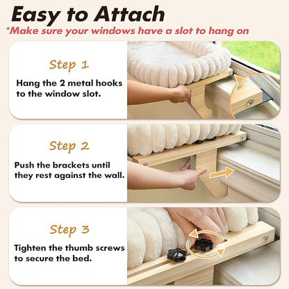 Cloud-Cuddle Cat Perch for Window Sill with Bolster, Natural Wood & Metal Frame Cat Window Seat for Large Cats, Easy to Adjust Zipper Cushion Pet Bed for Windowsill (Medium)