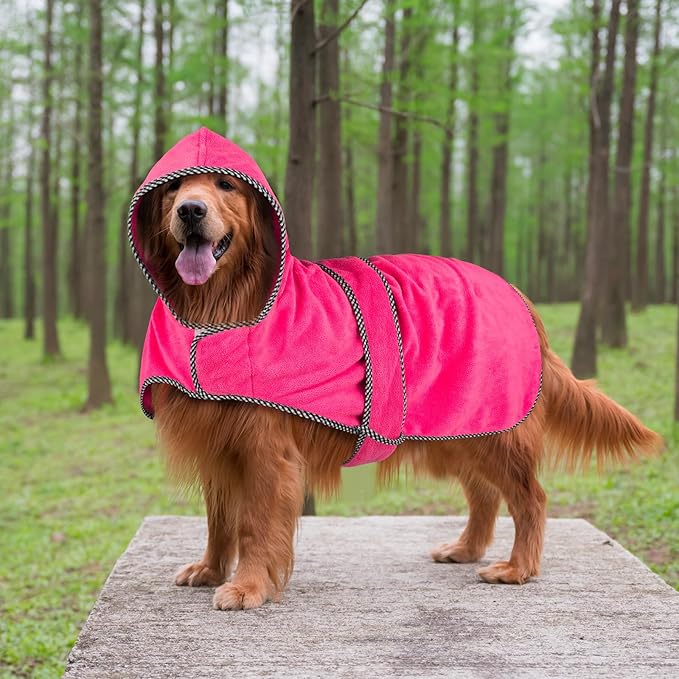 Dog Bathrobe Towel - Soft Dog Drying Coat with Hood, Super Absorbent Doggy Bath Robe Pet Grooming Fast Drying Doggie Towel Robe (Rose red, XX-Large)