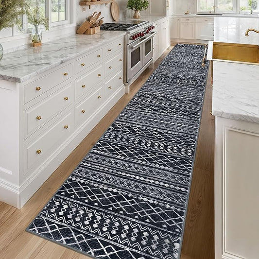 KUTA Long Hallway Runner Rug 2.6x16 Non-Slip Washable, Moroccan Vintage Black Boho Kitchen Rugs Ultra Soft Distressed Geometric Floor Carpet Runners for Bedroom Laundry Stairway Entryway