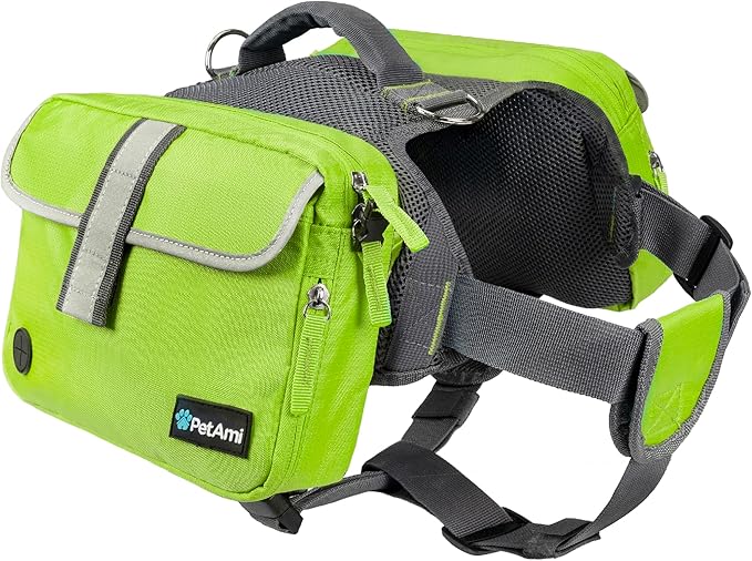 PetAmi Dog Backpack for Medium Large Dogs, Dog Saddle Bag for Dogs to Wear, Harness Saddlebag with Reflective Safety Side Pockets for Hiking, Camping, Vest Dog Pack for Travel (Green, Medium)