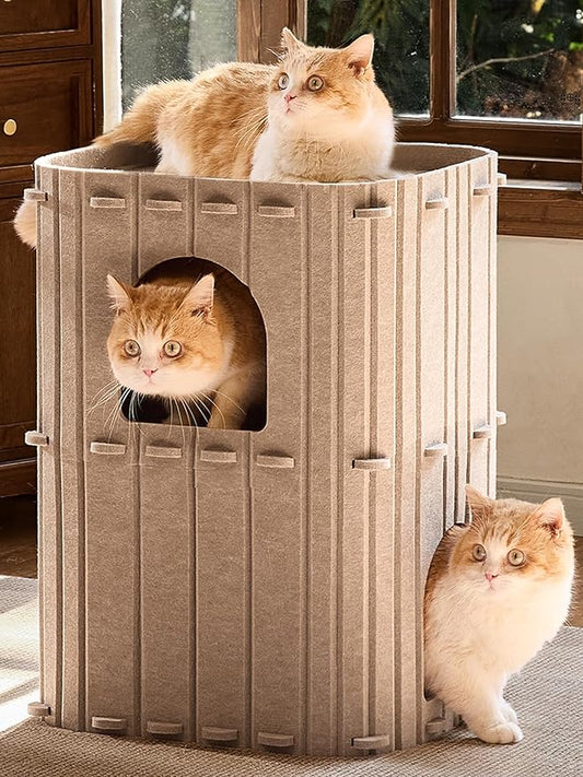 FUKUMARU Cat House for Indoor Cats, 23.62 Inch Large Cat Bed Cave Condo, 2-Storey Cozy Felt Covered Cats Tunnel Kitten Hideaway for Multicats, Scratch Resistant, Beige