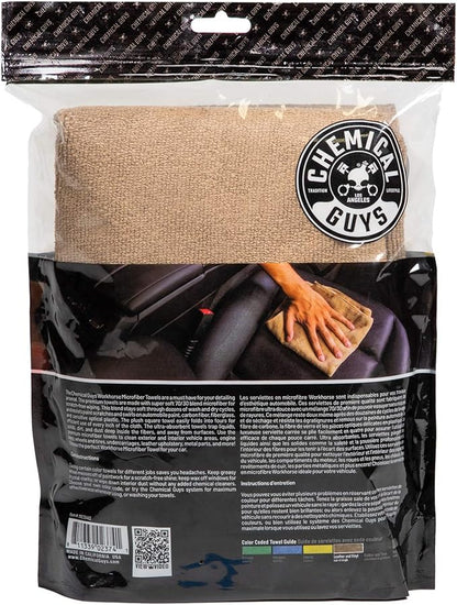 Chemical Guys MIC34403 Workhorse Professional Microfiber Towel, Tan (Safe for Car Wash, Home Cleaning & Pet Drying Cloths) 16" x 16", Pack of 3