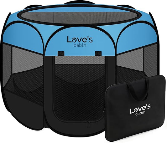 Love's cabin Pet Puppy Dog Playpen, Large Dog Tent Crates Cage Indoor/Outdoor, Portable Playpen for Cat, Foldable Pop Up Dog Kennel Playpen with Carring Case, Removable Zipper Top, Blue