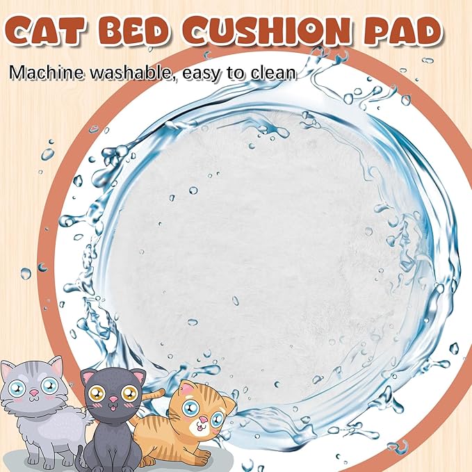 Abbylike 3 Pack 14" Round Cat Dog Bed Cushion Pad Mat Faux Rabbit Fur Pet Sleeping Mat with Small Ball Warm Plush Anti Slip Washable Cat Tree Tower Replacement Cushion Pad for Carrier Crate, White