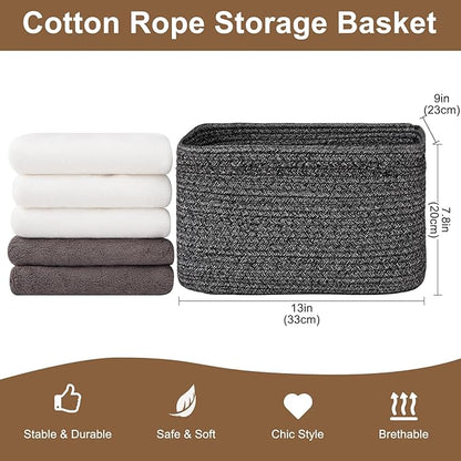 Storage Baskets for Organizing, Woven Decorative Baskets for Shelves - Books, Towels, and Clothes, Cotton Rope Toy Storage Bins, 12.7''Lx9''Wx7.8''H, Pack of 4, Black and White