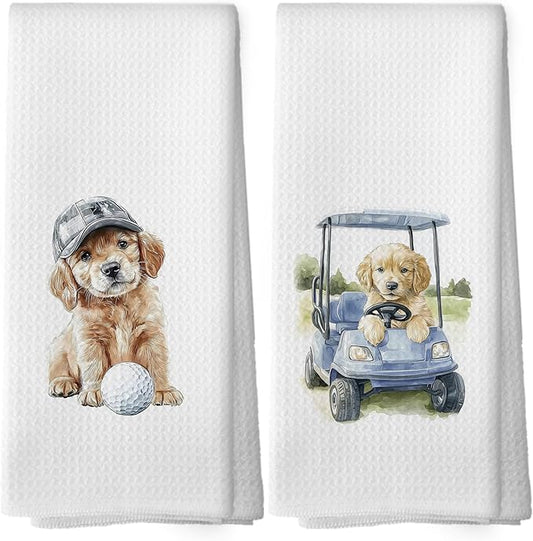 Golf Dog Kitchen Towels - Golden Retriever Dish Towels, Sports Gifts, Pet Golf Club Decorative Absorbent Dishcloths Hand Towels Set of 2 for Kitchen Spa Gym Decor 16x24 Inches