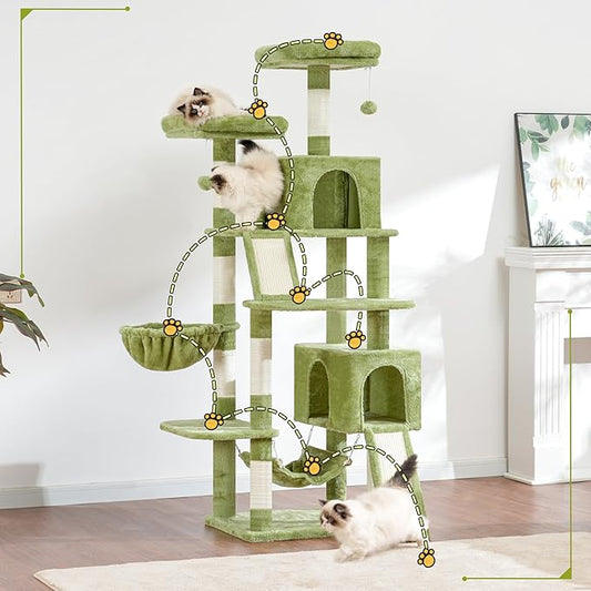 Gitelsnour Cat Tree for Indoor Cats, 71'' (180cm) Multi-Level Cat Tower for Large Adult, Sturdy Cat Tree House with 2 Scratching Boards 7 Posts, 2 Plush Perches/Condos, Hammock, Green GCT032GR