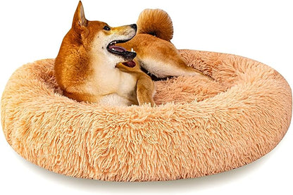 Calming Dog Bed for Medium Dogs Cats, Puppy 31'' Round Anti-Anxiety Warm Fluffy Plush Faux Fur Bed, Soft Anti-Slip Donut Washable, Cozy Medium Puppy Bed, Fits up to 50 lbs Pets