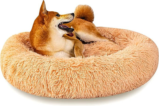 Calming Dog Bed for Medium Dogs Cats, Puppy 31'' Round Anti-Anxiety Warm Fluffy Plush Faux Fur Bed, Soft Anti-Slip Donut Washable, Cozy Medium Puppy Bed, Fits up to 50 lbs Pets