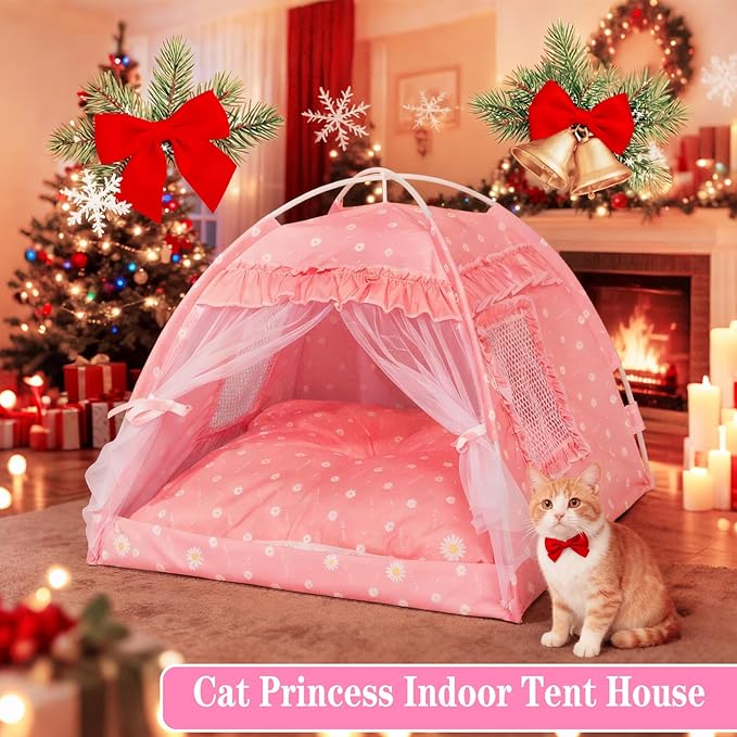 Cat Princess Indoor Tent House - Dog House Indoor/Outdoor Lace Mesh Breathable Windows Door Curtains Removable Portable Cave Nest Bed Bunny and Puppy (Pink, s)