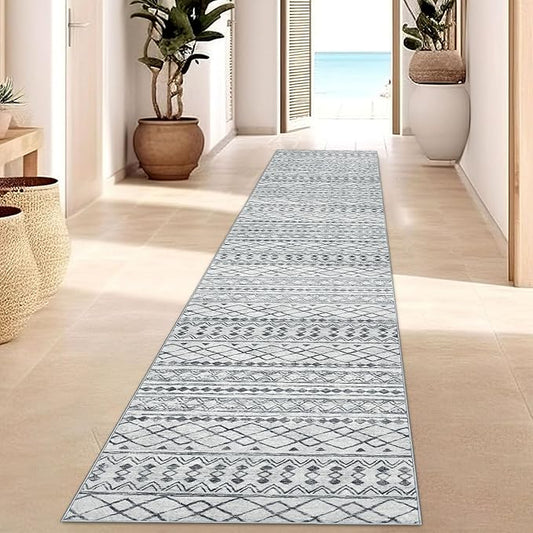 KUTA Boho Hallways Runner Rugs 2x12, Moroccan Washable Kitchen Rug Non-Slip Vintage Grey 12ft Ultra Soft Distressed Geometric Floor Carpet Runners for Bedroom Laundry Living Room