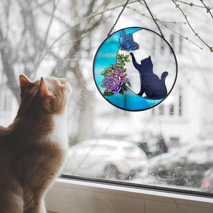 Cat Stained Glass Butterfly on Moon Gifts, Handcrafted Suncatchers for Stained Glass Window Hangings, Gifts for Cat Lovers