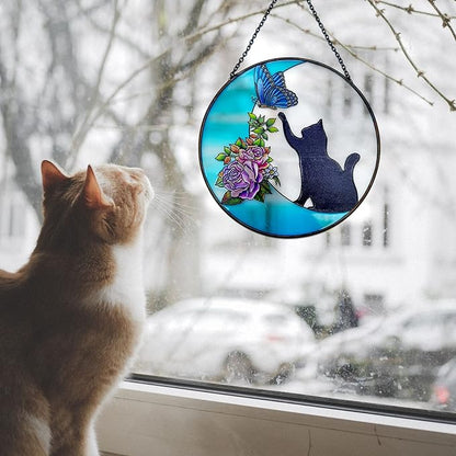Cat Stained Glass Butterfly on Moon Gifts, Handcrafted Suncatchers for Stained Glass Window Hangings, Gifts for Cat Lovers