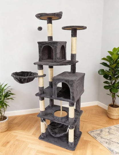 Cat Tree, 68-Inch Cat Tower for Indoor Cats, Plush Multi-Level Cat Condo with 7 Scratching Posts, 2 Perches, 2 Caves, Hammock (Darkgray)