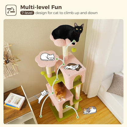 MUTTROS Flower Cat Tree, 62-Inch Tall Multi-Level Cat Tower with Scratching Posts for Large Indoor Cats, Plush Bed w/Padded Perches, Scratching Pad & 2 Green Pompoms, Pink
