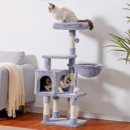 Heybly Cat Tree with Toy, Cat Tower Condo for Indoor Cats, Cat House with Padded Plush Perch, Cozy Hammock and Sisal Scratching Posts, Pewter HCT004SPE
