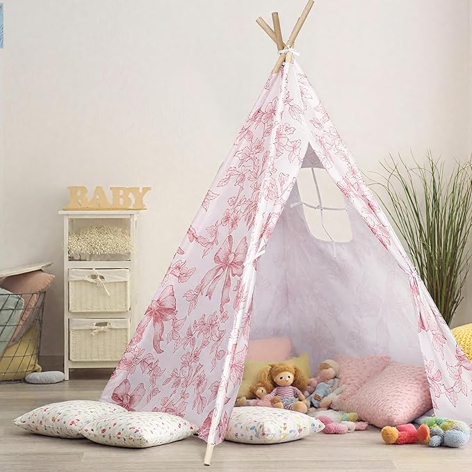 Floral Bow Teepee Tent Indoor Play Tent Coquette Playhouse Foldable Teepee for Indoor Reading Nook Room Decor