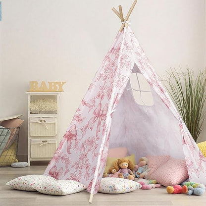Floral Bow Teepee Tent Indoor Play Tent Coquette Playhouse Foldable Teepee for Indoor Reading Nook Room Decor