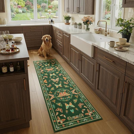 Unirea 2x6 Dark Green Runner Rug, Washable Non Slip Insect Botanical Rug for Hallway, Kitchen, Bathroom, Laundry Room, Entryway, Bedroom, Soft Boho Door Mat Indoor Entrance Bug Rugs, Low Pile Carpet