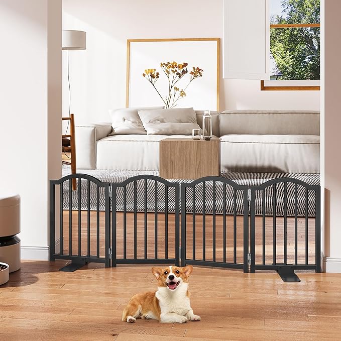 Snughome Short Dog Gate Indoor, 16" High Freestanding Small Dog Door Gate with Support Feet, Expands Up to 48’’ Wide Foldable Pet Gates for Doorway, 4 Panel Folding Pet Door Pet Fence for Puppy, Black