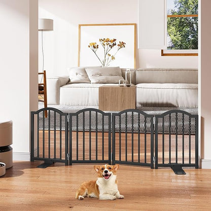 Snughome Short Dog Gate Indoor, 16" High Freestanding Small Dog Door Gate with Support Feet, Expands Up to 48’’ Wide Foldable Pet Gates for Doorway, 4 Panel Folding Pet Door Pet Fence for Puppy, Black