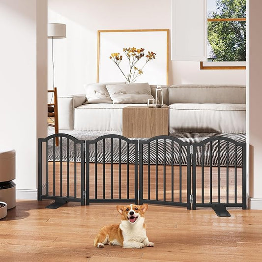 Snughome Short Dog Gate Indoor, 16" High Freestanding Small Dog Door Gate with Support Feet, Expands Up to 48’’ Wide Foldable Pet Gates for Doorway, 4 Panel Folding Pet Door Pet Fence for Puppy, Black