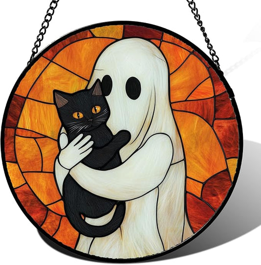 Stained Glass Window Hanging - Halloween Decorations White Ghost Black Cat Suncatcher for Doors Garden Spooky Funny Orange Sun Catchers Gothic Decor Horror Gifts for Women Men Friend 7.8 in