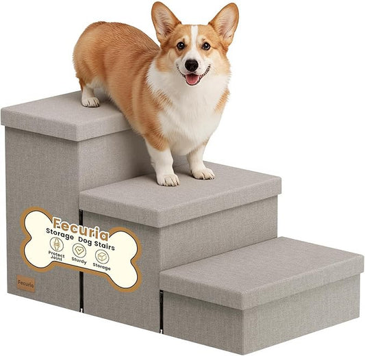 3-Step Wide Dog Stairs with Hidden Storage 18" H, Non-Slip Dog Steps for High Bed Couch Window Car, Jiont-Friendly Pet Stairs Ramp for Small/Medium/Large Old Dogs Cats Up to 200lbs, Grey
