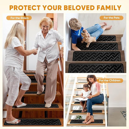15 Pack 8 "X 30" Non Slip Stair Treads for Wooden Steps, Carpet Stair Treads Made of Polyester and Reusable Adhesive, Stair Runner Rugs for Kids, Elders and Pets (Black)